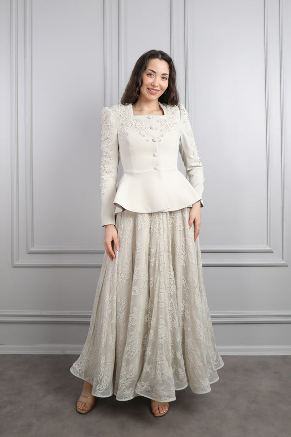 Ceketi İnci İşlemeli Dantelli Elbise Takım Bej