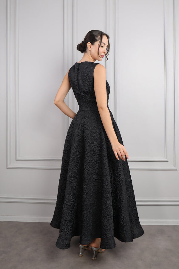 Peplum Ceketli Beli Boncuk İşlemeli Jakarlı Elbise Takım Siyah