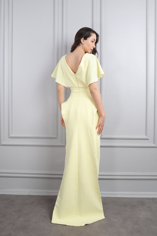 Yarasa Kol Taş İşlemeli Korsesi Pelerin Detaylı Abiye Sarı