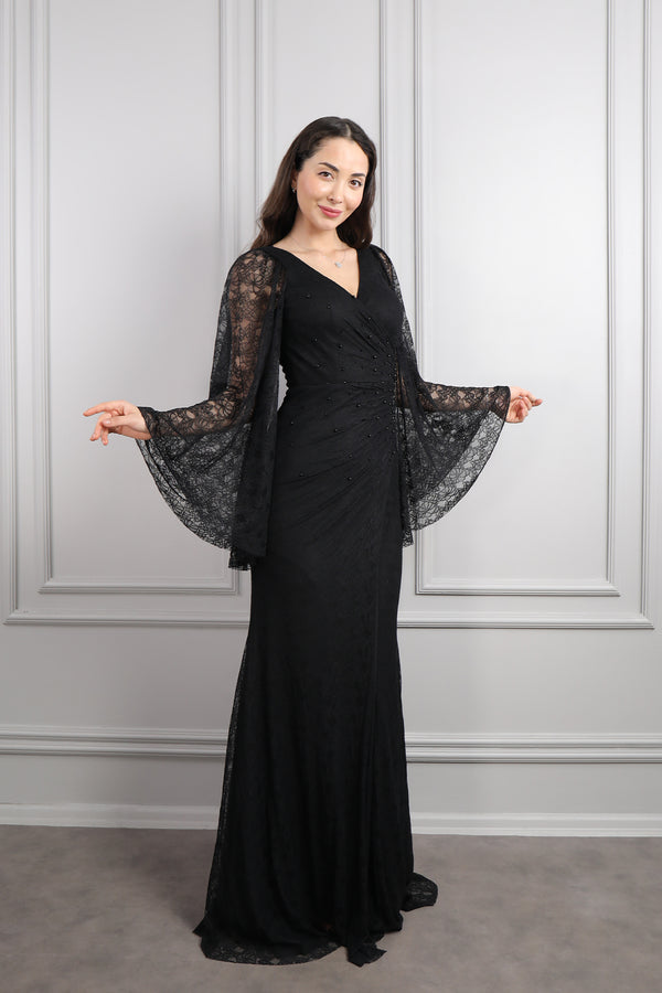 V Yaka Yarasa Kol İnci Detaylı Dantelli Büyük Beden Abiye Siyah