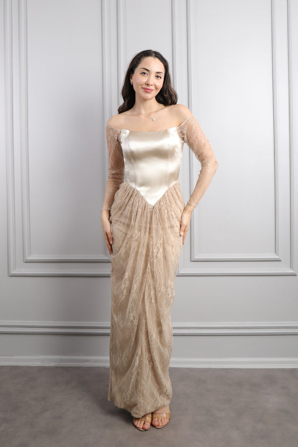 Straplez Pelerin Detaylı Dantelli Abiye Vizon