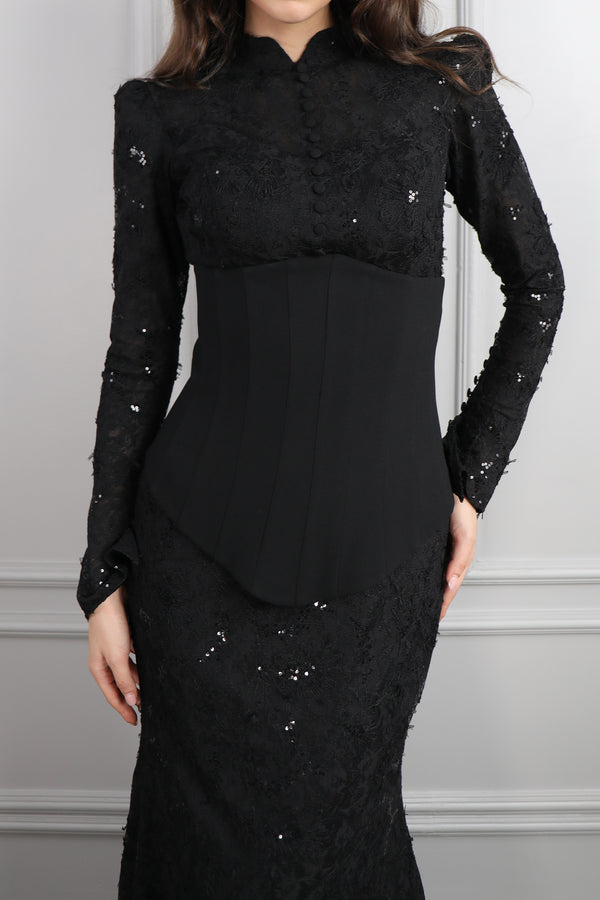 Hakim Yaka Önü Düğmeli Korse Detaylı Dantelli Abiye Siyah