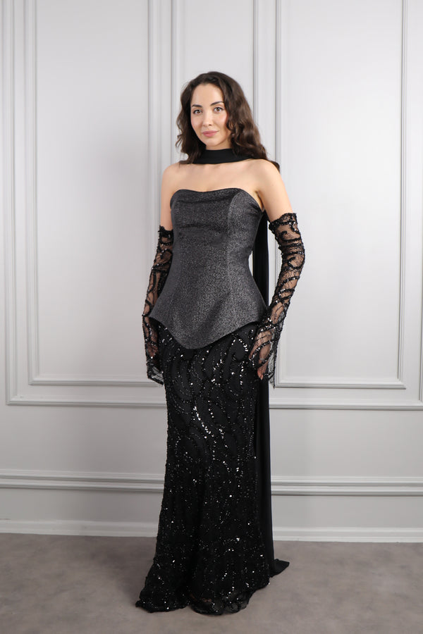 Straplez Asimetrik Kesim Şifon Fular Detaylı Payetli Balık Model Abiye Siyah