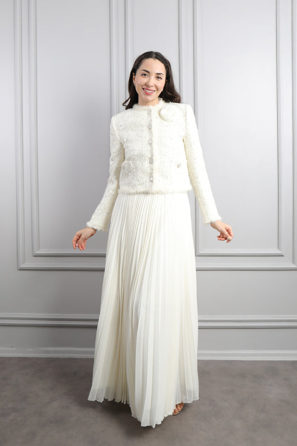 Ceketi Düğme Detaylı Tüvit Elbise Takım Ekru