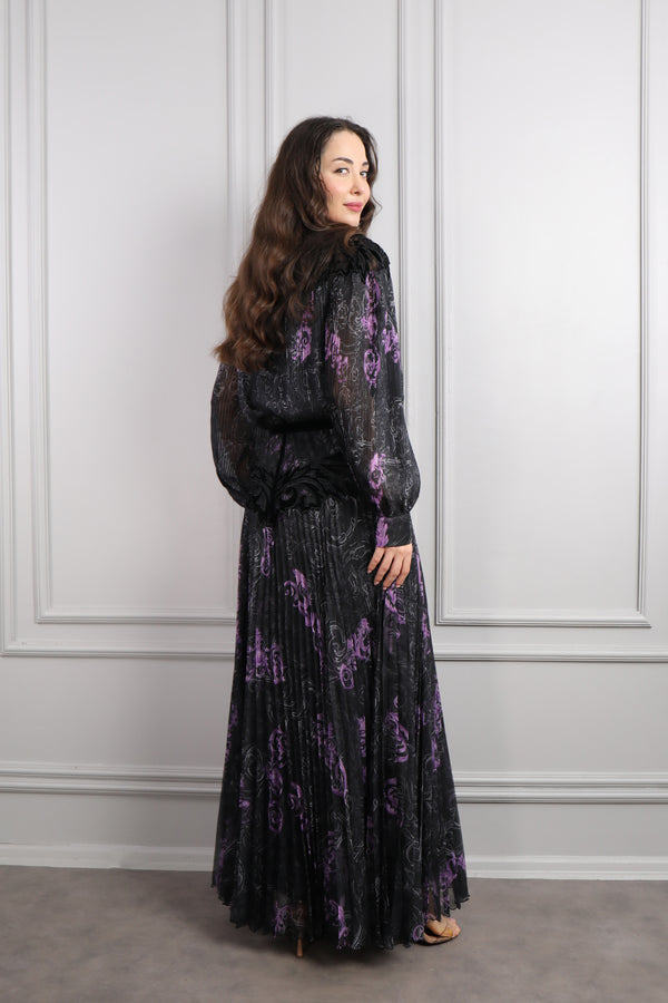 Yakası Bağlamalı Kadife Detaylı Desenli Büyük Beden Şifon Elbise Siyah-Lila