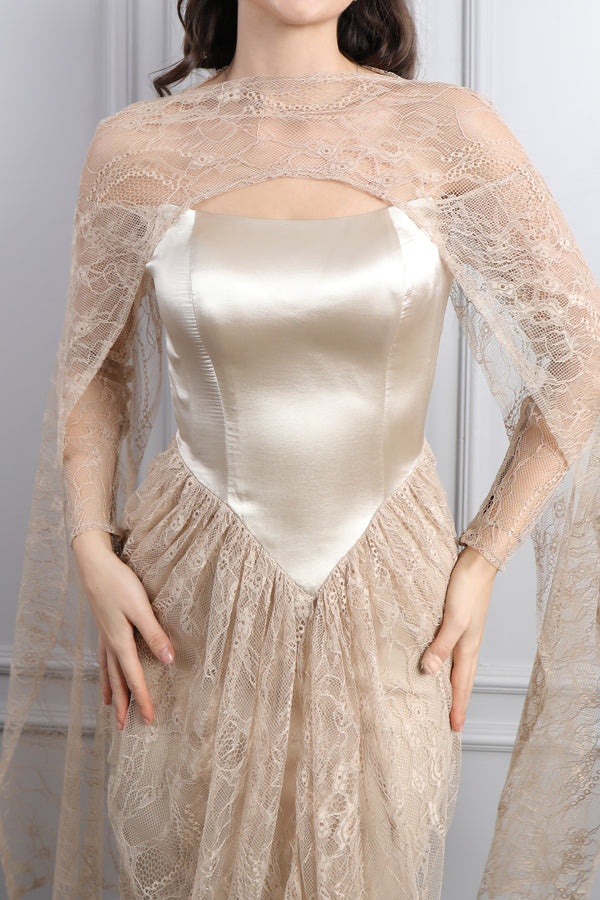 Straplez Pelerin Detaylı Dantelli Abiye Vizon