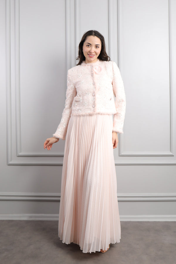 Ceketi Düğme Detaylı Tüvit Elbise Takım Pudra