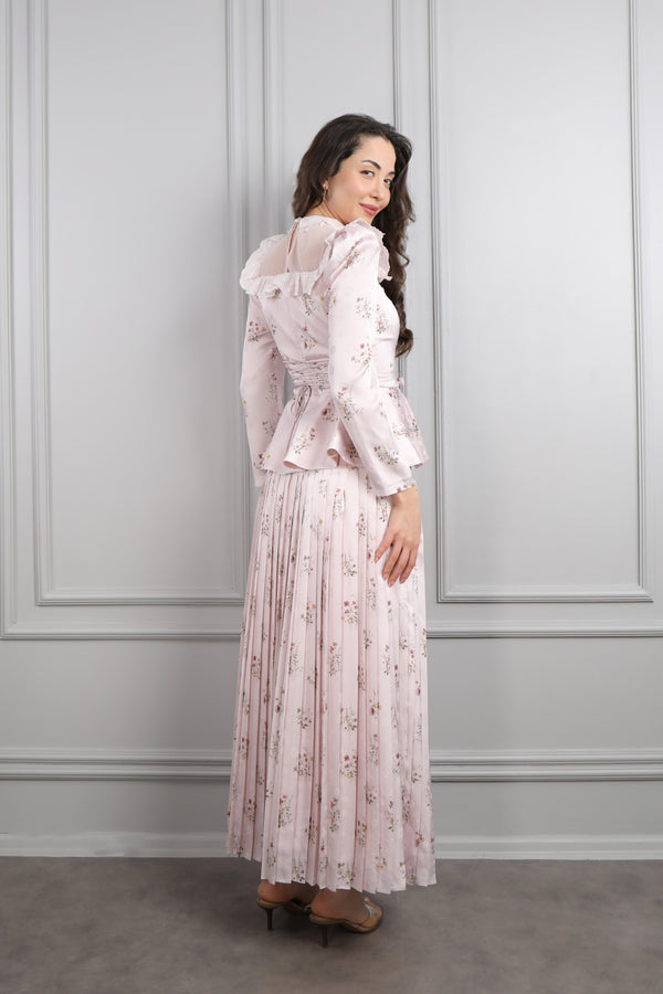 Yakası Transparan Beli Fiyonk Detaylı Desenli Saten Pileli Etek Takım Pudra