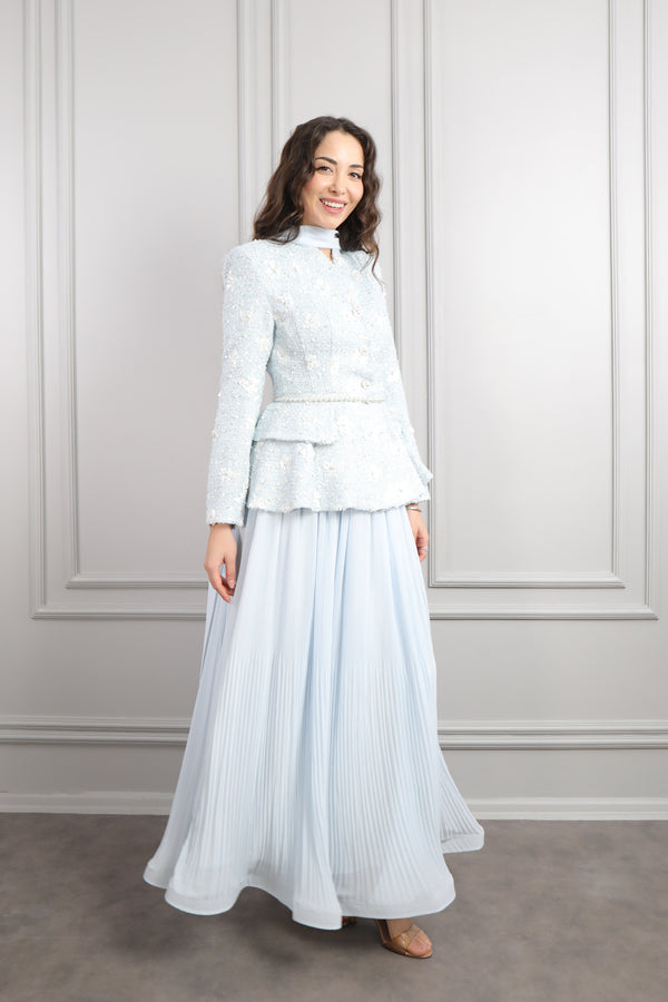 Önü Düğme Detaylı İnci Kemerli Tüvit Etek Takım Mavi