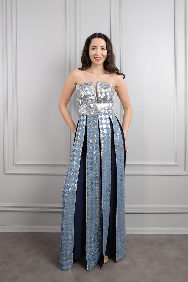 Straplez Payet İşlemeli Etek Kısmı Hareketli Pantolon Takım Lacivert