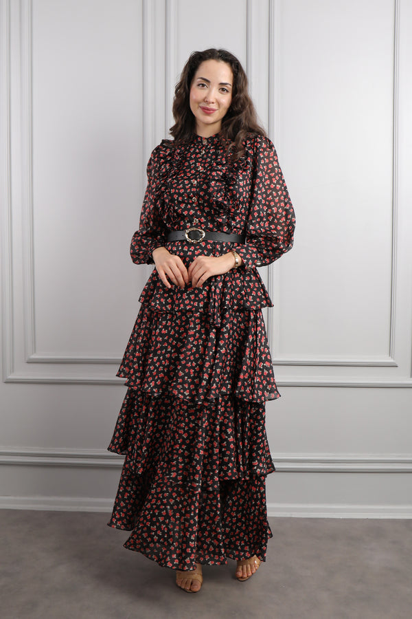 Önü Düğmeli Beli Kemerli Eteği Katlı Desenli Elbise