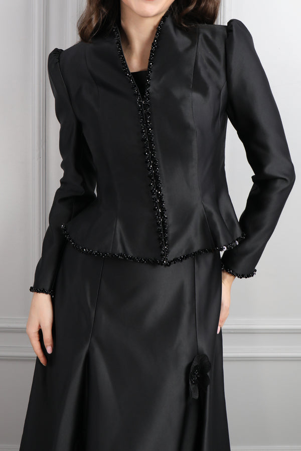 Ceketi Boncuk İşlemeli Çiçek Detaylı Elbise Takım Siyah