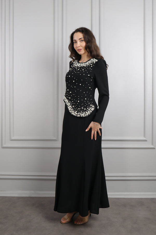 Oval Yaka İnci İşlemeli Büyük Beden Etek Takım Siyah