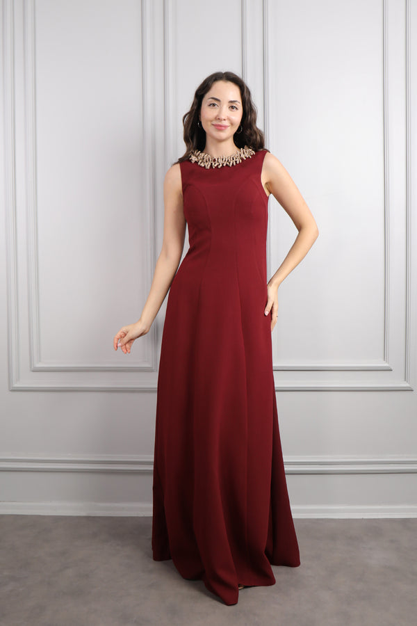 Yakası Taş Detaylı Büyük Beden Abiye Bordo