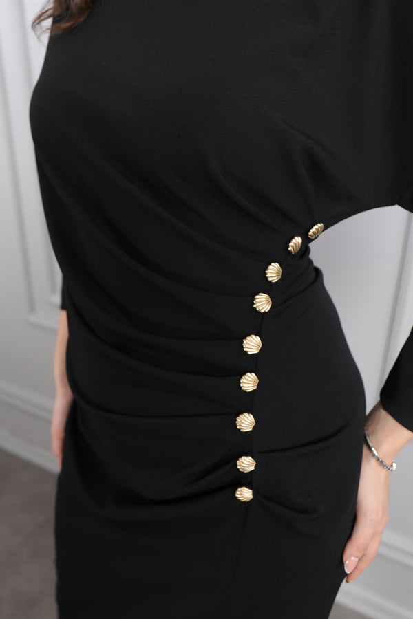 Beli Düğme Detaylı Drapeli Büyük Beden Midi Boy Elbise Siyah