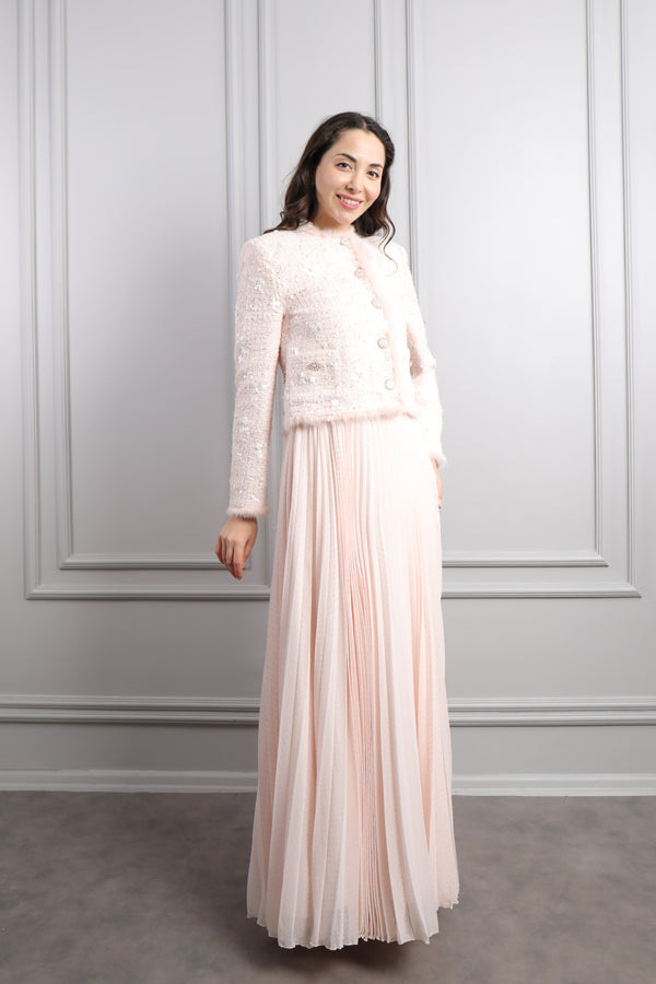 Ceketi Düğme Detaylı Tüvit Elbise Takım Pudra