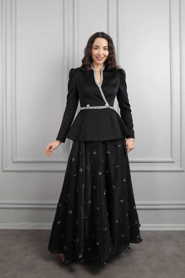 Taş Detaylı Boncuk İşlemeli Etek Takım Siyah