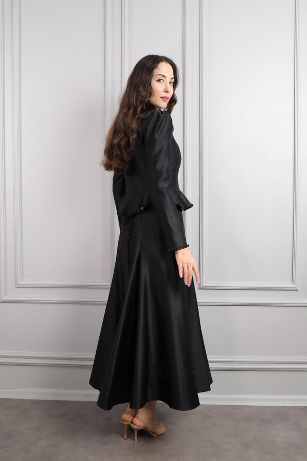 Ceketi Boncuk İşlemeli Çiçek Detaylı Elbise Takım Siyah