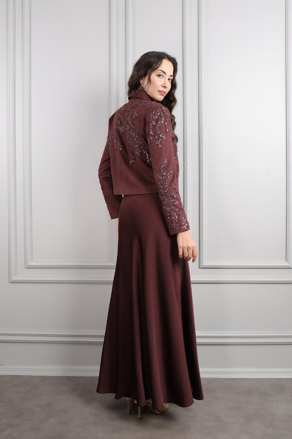 Ceketi Boncuk İşlemeli Saten Etek Takım Bordo