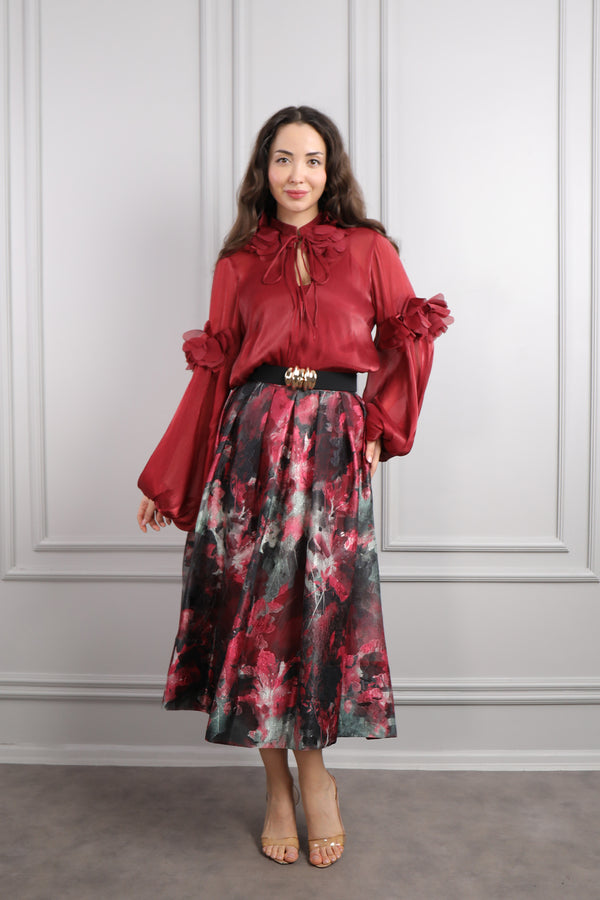 Yakası Bağlamalı Beli Kemerli Desenli Büyük Beden Etek Takım Bordo