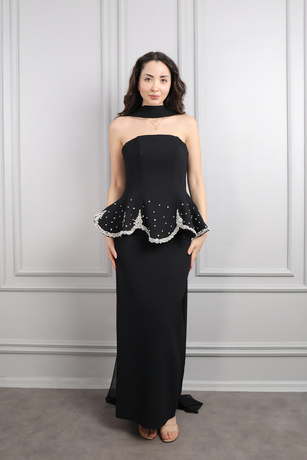 Straplez Taş İşlemeli Fular Detaylı Abiye Siyah