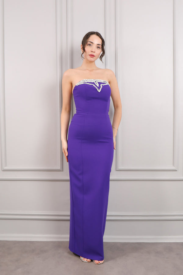 Straplez Bolero Detaylı Taş İşlemeli Abiye Mor