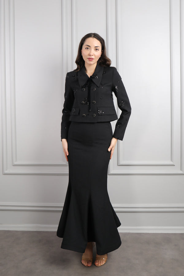 Yakası Bağlamalı Boncuk İşlemeli Etek Takım Siyah