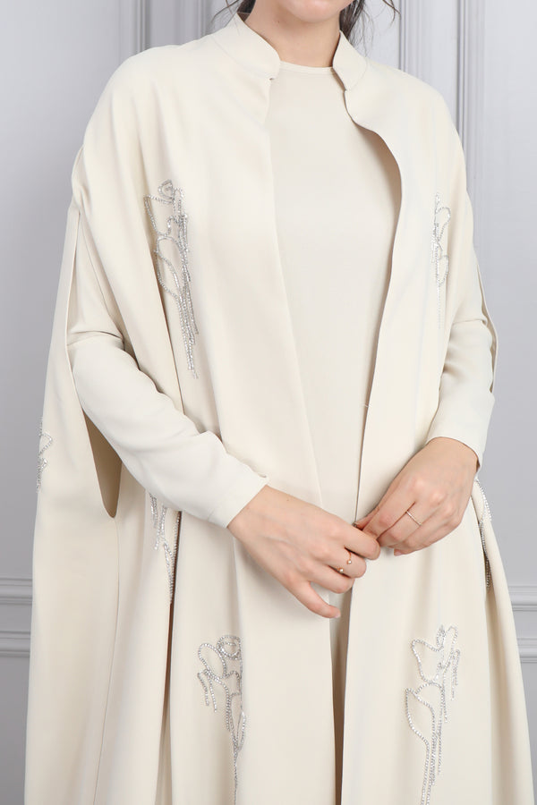 Çiçek İşlemeli İkili Abaya Takım Bej