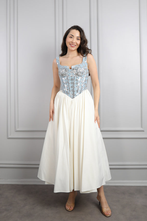 Kare Yaka Payet İşlemeli Abiye Ekru