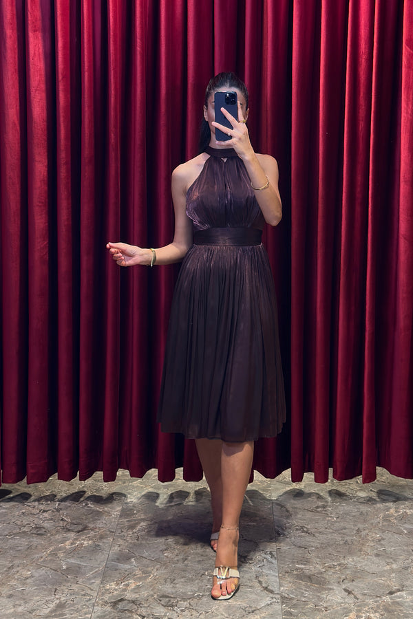 Halter Yaka Pileli Kısa Abiye Bordo