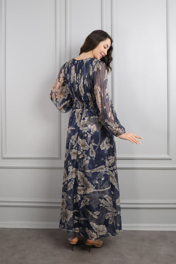 V Yaka Beli Boncuk İşlemeli Desenli Büyük Beden Şifon Elbise Lacivert