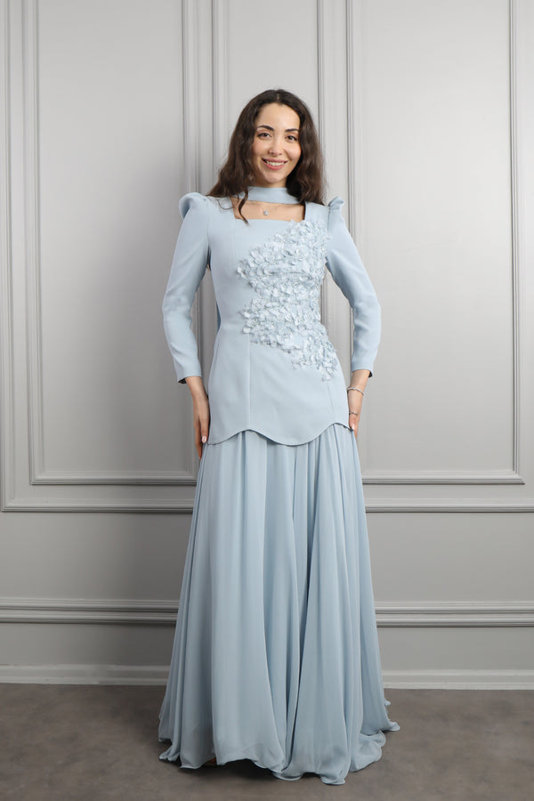 Kare Yaka Boncuk İşlemeli Fular Detaylı Şifon Etek Takım Mavi