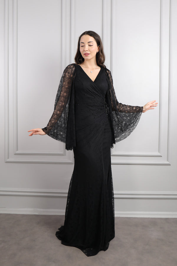 V Yaka Yarasa Kol İnci Detaylı Dantelli Büyük Beden Abiye Siyah