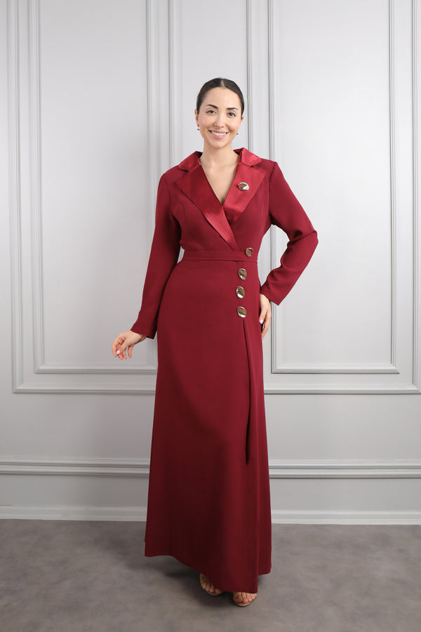 Önü Gold Düğme Detaylı Büyük Beden Elbise Bordo