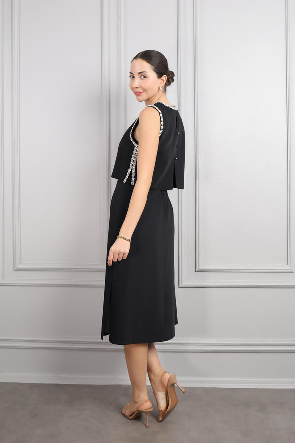 Üstü Taş Detaylı Midi Boy Elbise Takım Siyah