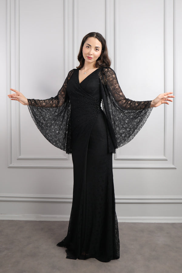 V Yaka Yarasa Kol İnci Detaylı Dantelli Büyük Beden Abiye Siyah