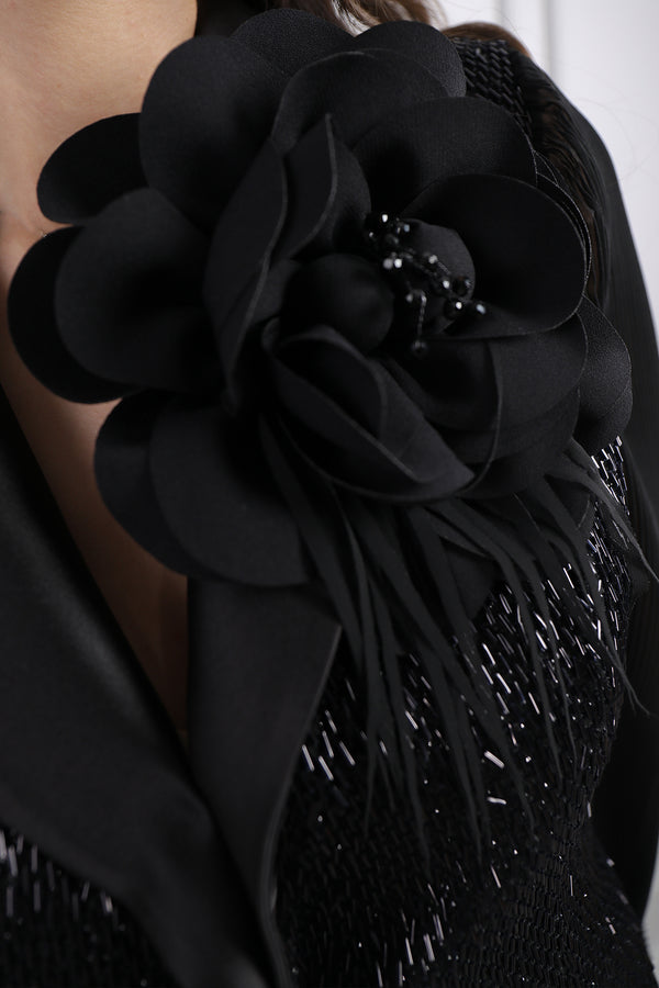 Ceketi Boncuk İşlemeli Çiçek Detaylı Asimetrik Kesim Pantolon Takım Siyah