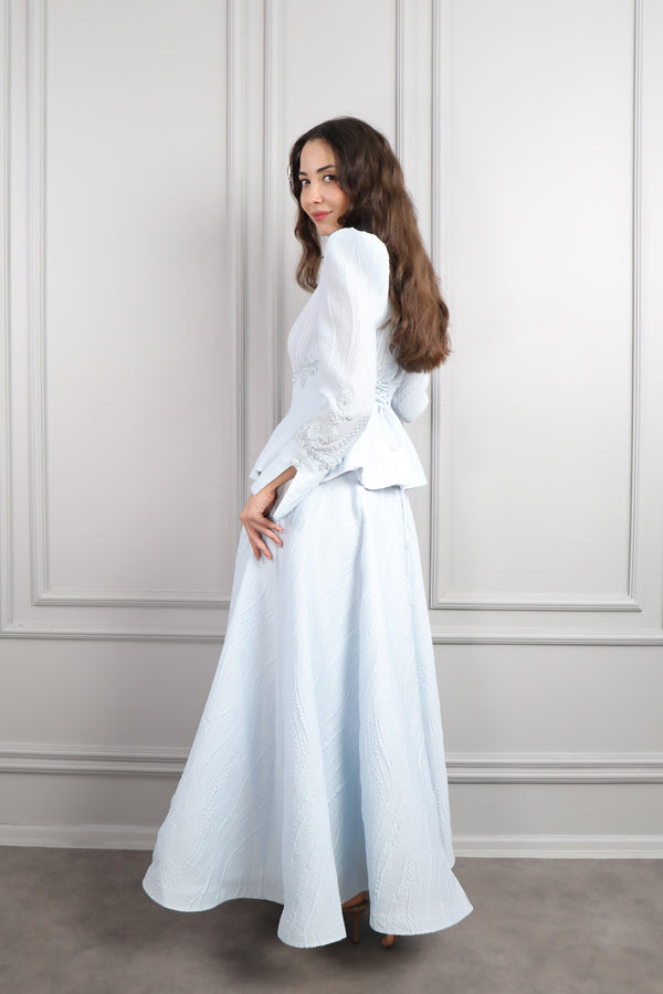 Önü Düğme Detaylı Boncuk İşlemeli Etek Takım Mavi