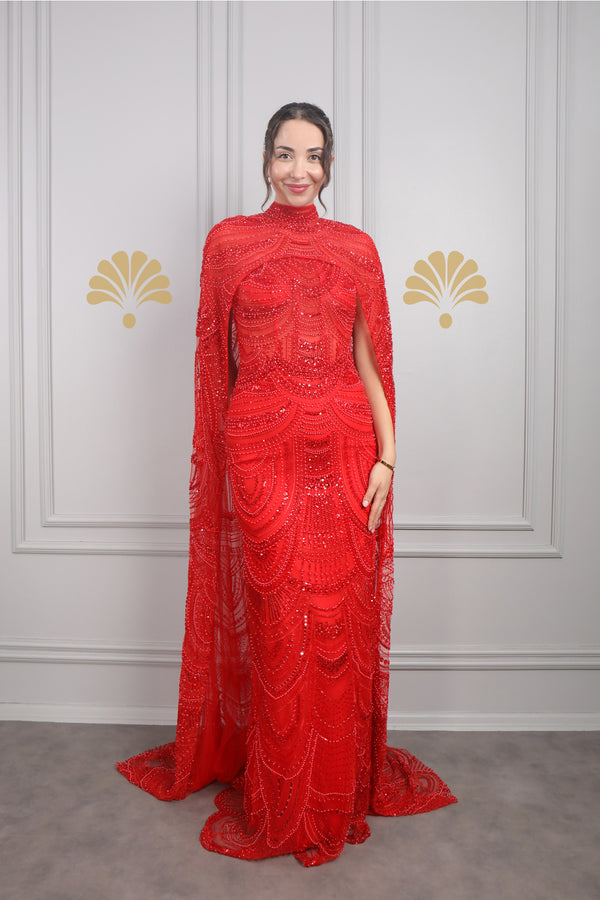 Straplez Pelerin Detaylı Boncuk İşlemeli Büyük Beden Tasarım Abiye Kırmızı