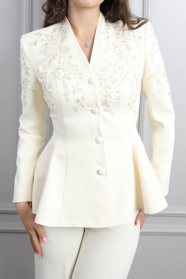 Ceketi Boncuk İşlemeli Sırtı Bağlamalı Pantolon Takım Ekru