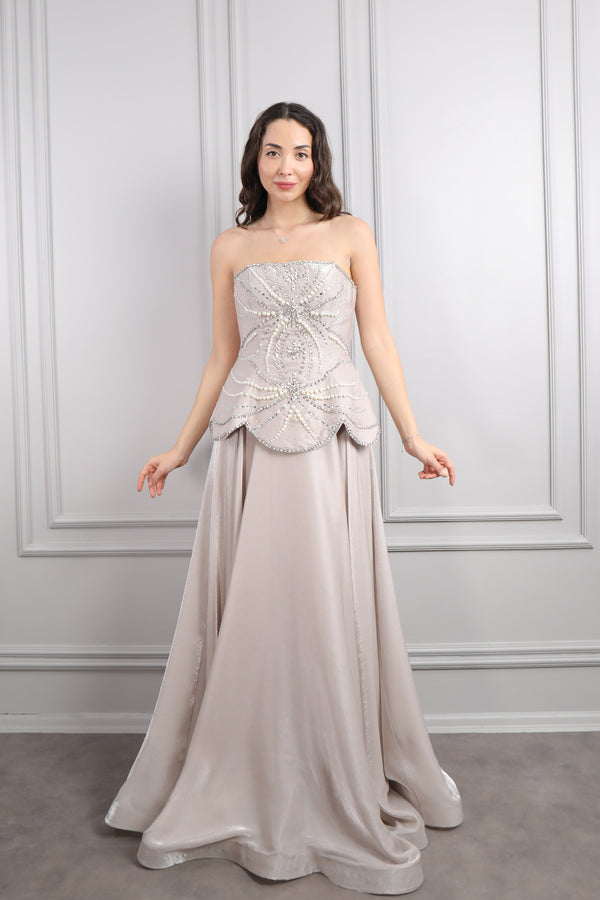 Straplez Taş Ve Boncuk İşlemeli Abiye Taş