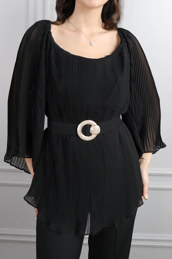 Geniş Yaka Beli Kemerli Pileli Büyük Beden Pantolon Takım Siyah