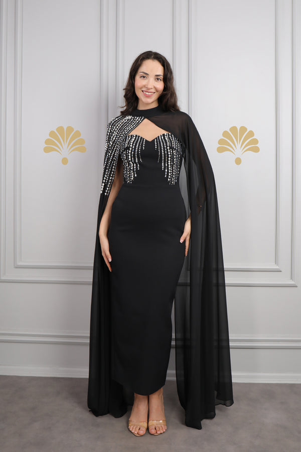 Straplez Taş İşlemeli Pelerin Detaylı Abiye Siyah