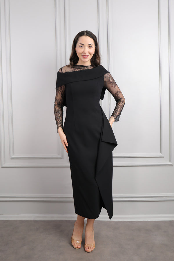 Kayık Yaka Transparan Detaylı Drapeli Midi Boy Elbise Siyah