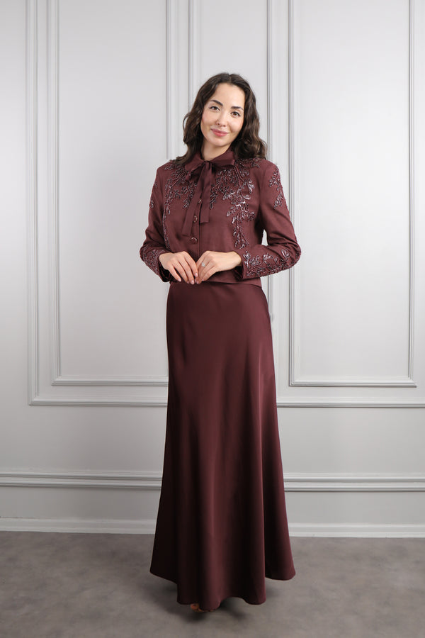 Ceketi Boncuk İşlemeli Saten Etek Takım Bordo