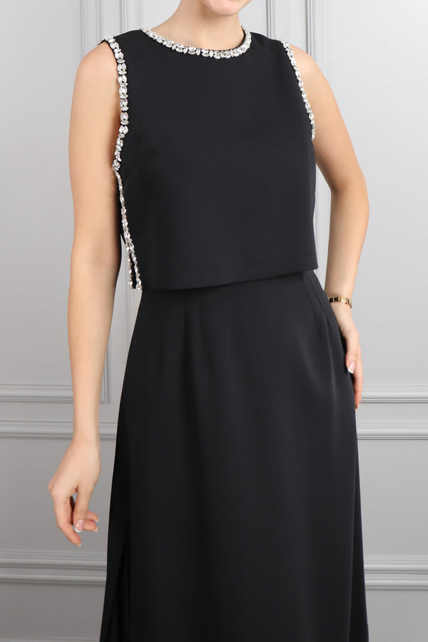 Üstü Taş Detaylı Midi Boy Elbise Takım Siyah