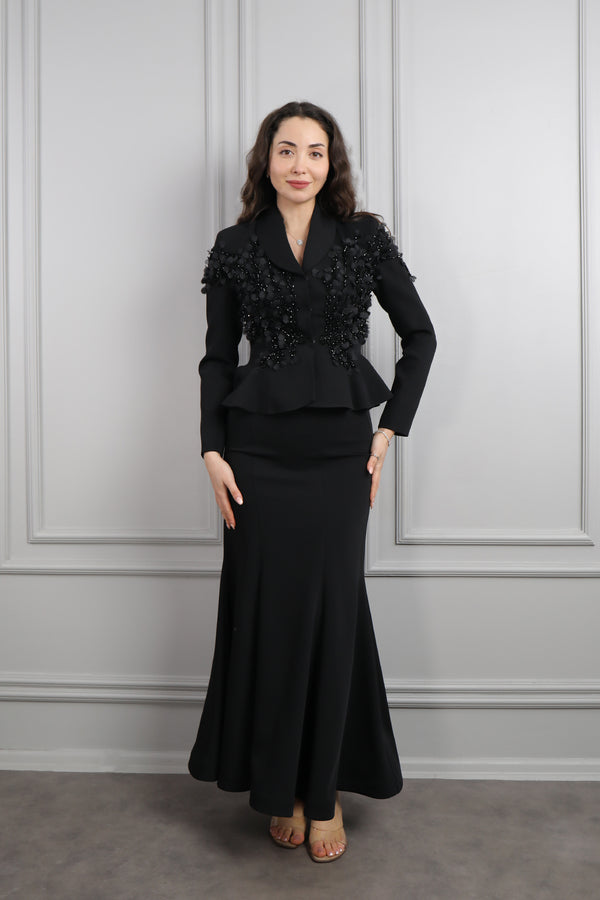 Ceketi İşlemeli Sırtı Bağlamalı Etek Takım Siyah