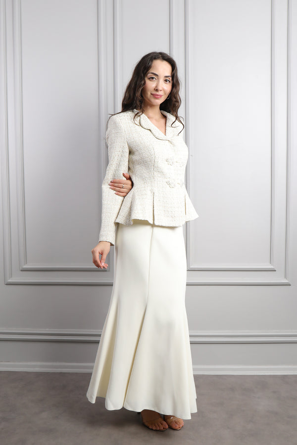 Boncuk Düğme Detaylı Tüvit Ceket Etek Takım Ekru