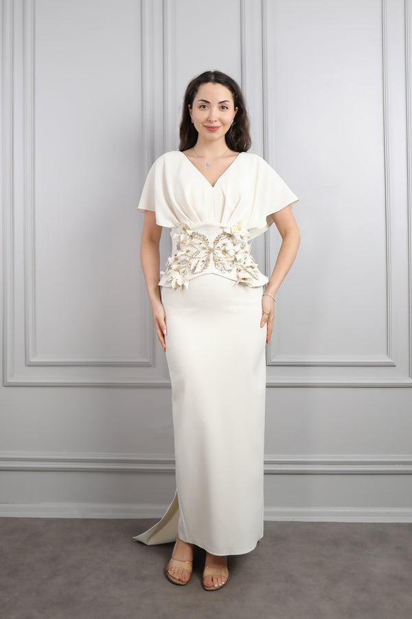 Yarasa Kol Taş İşlemeli Korsesi Pelerin Detaylı Abiye Bej