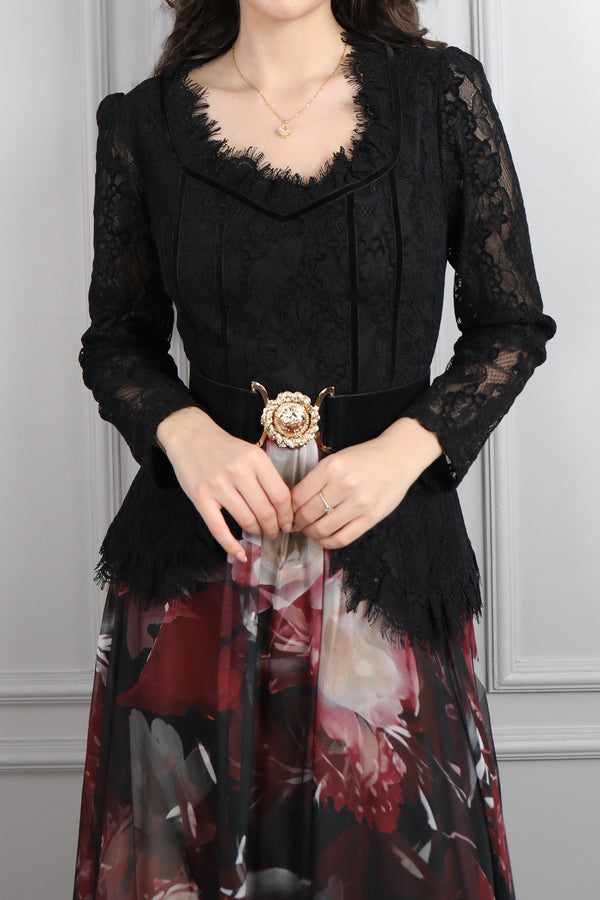 Beli Kemerli Dantelli Desenli Büyük Beden Şifon Elbise Siyah-Bordo